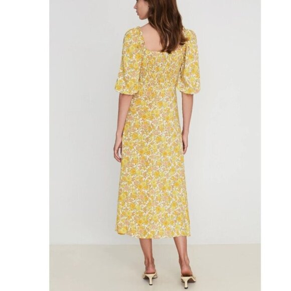 Faithfull The Brand Dress 10 Yellow Floral Puff Short Sleeve A-Line Midi Bronte - Picture 4 of 7